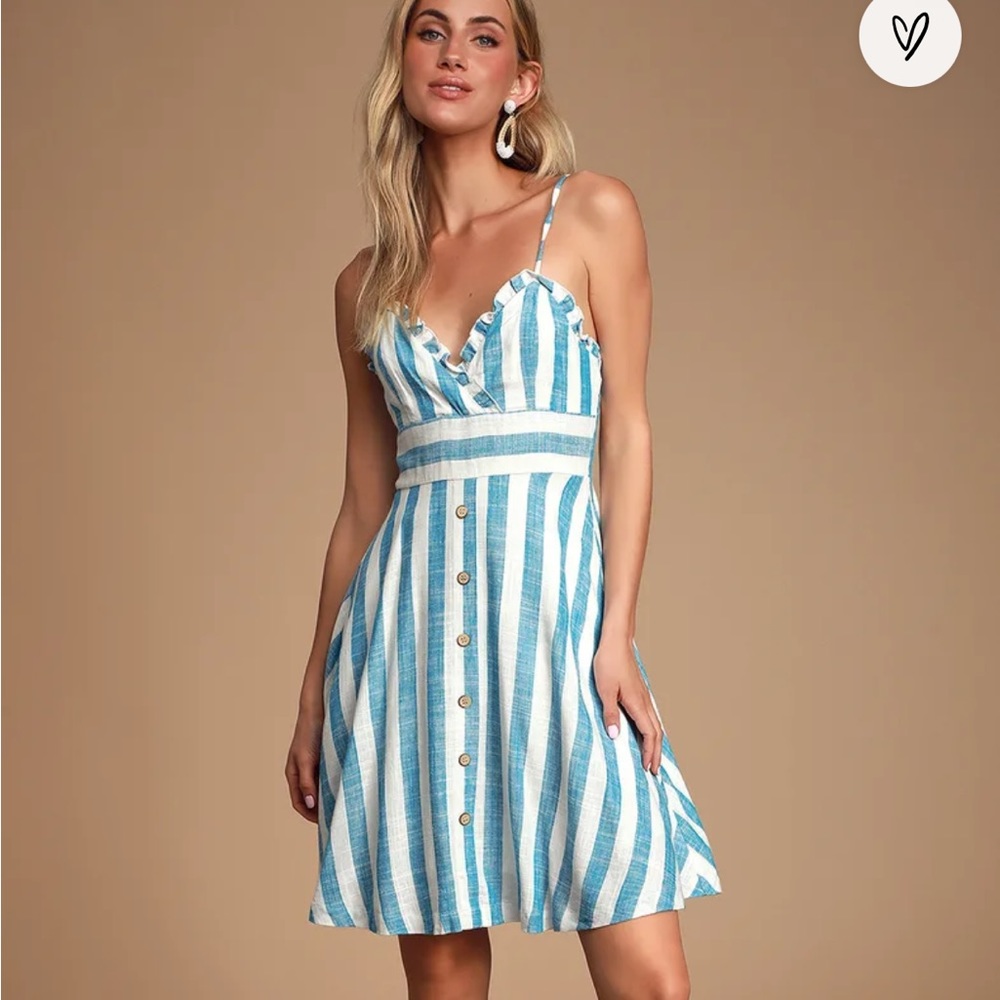 Lulus Linnea Blue and White Striped Ruffled Button Front Dress Sz Medium